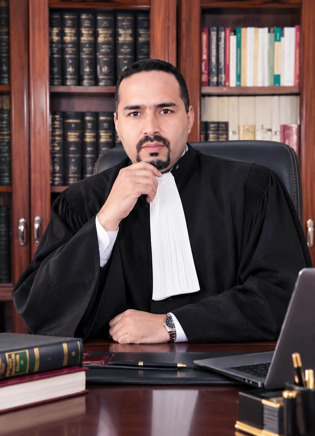 الأستاذ أحمد بكار، محامٍ بهيئة الرباط، ببذلة المحاماة جالساً إلى مكتبه أمام مكتبة قانونية